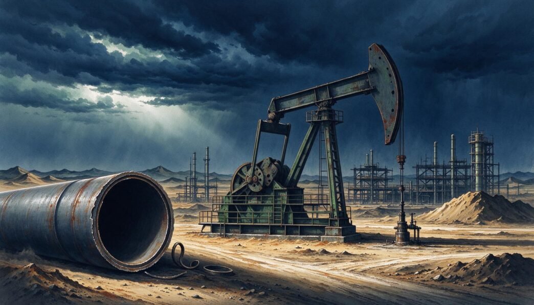 an oil pumpjack beside an unfinished pipeline under a muted stormy sky.