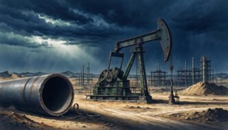an oil pumpjack beside an unfinished pipeline under a muted stormy sky.