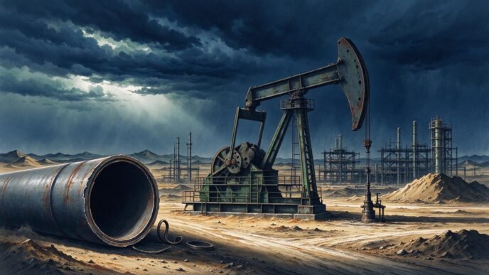 an oil pumpjack beside an unfinished pipeline under a muted stormy sky.