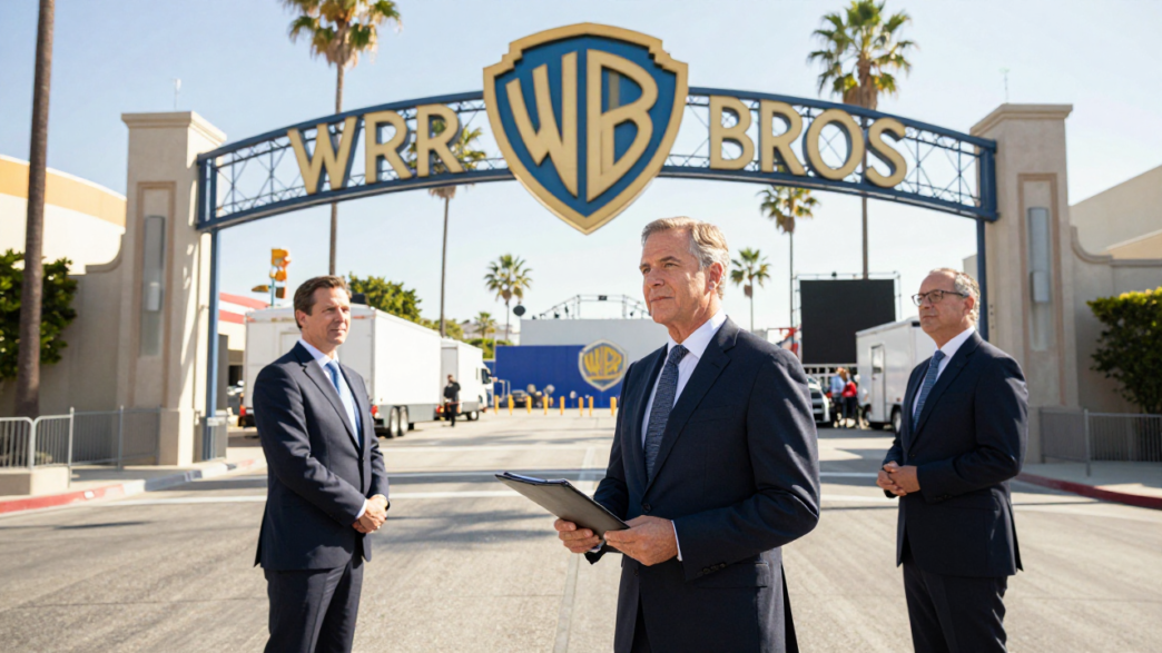 David Ellison with studio executives outside the Warner Bros. studio gates.