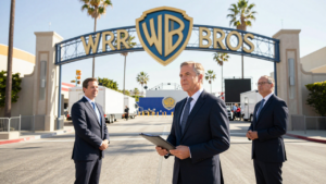 David Ellison with studio executives outside the Warner Bros. studio gates.