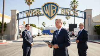 David Ellison with studio executives outside the Warner Bros. studio gates.