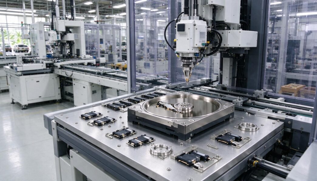 Unbranded hard drive components on a manufacturing line in a clean factory