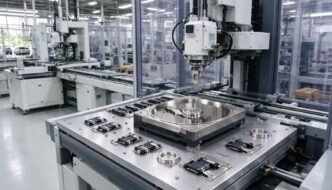 Unbranded hard drive components on a manufacturing line in a clean factory