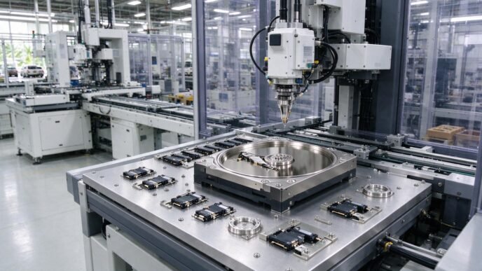 Unbranded hard drive components on a manufacturing line in a clean factory