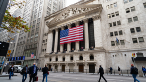 New York Stock Exchange and Wall Street in the Financial District.