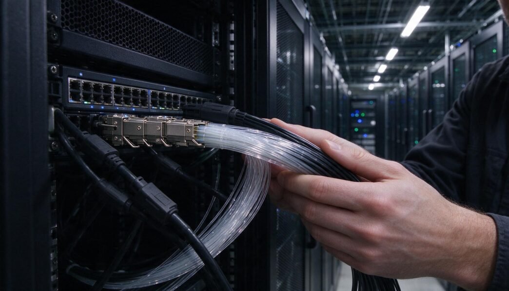 Optical fiber cables connected to network equipment in a data center.