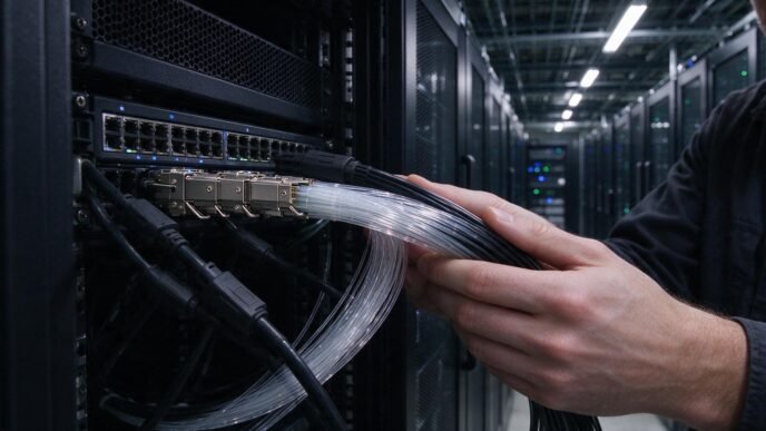 Optical fiber cables connected to network equipment in a data center.