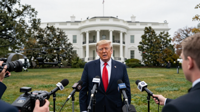 Donald Trump speaks to reporters on the White House South Lawn.