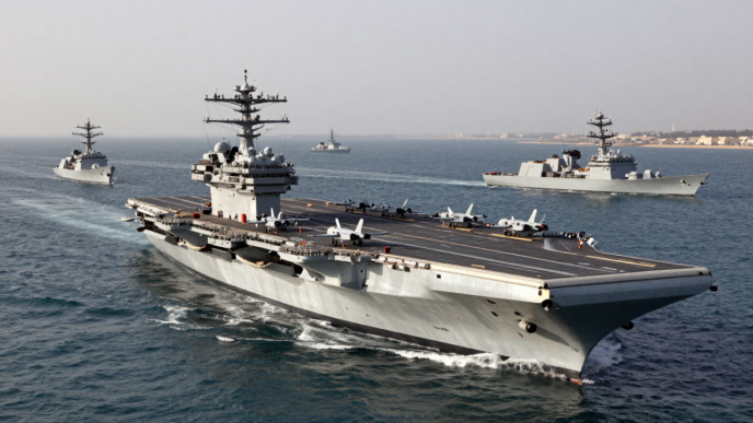 A U.S. aircraft carrier and escort ships underway in the Persian Gulf.