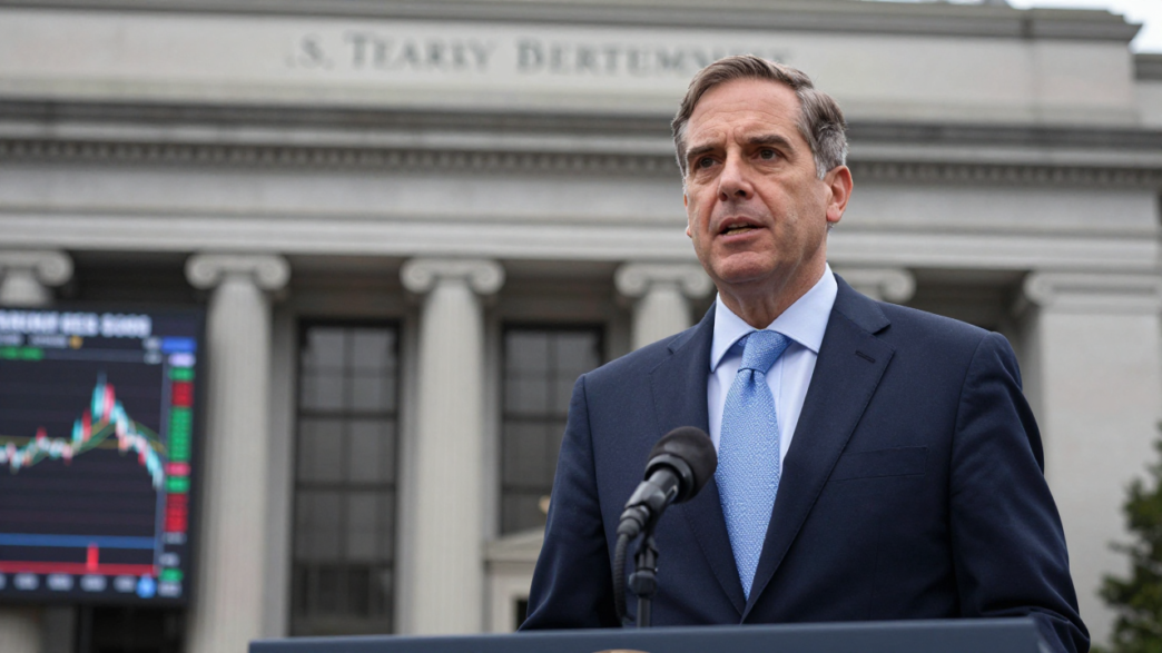 Scott Bessent speaking with the U.S. Treasury building in the background.