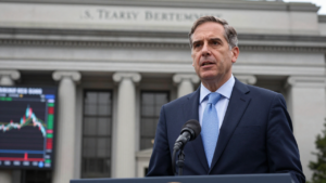 Scott Bessent speaking with the U.S. Treasury building in the background.
