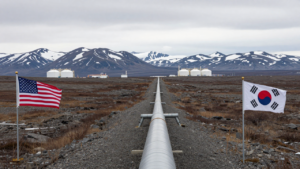 Proposed Alaska LNG pipeline route across tundra with U.S. and South Korean flags