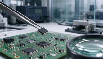 Unbranded semiconductor chip held above a circuit board on an engineering laboratory workbench.