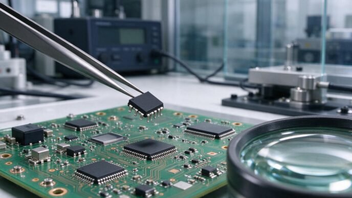 Unbranded semiconductor chip held above a circuit board on an engineering laboratory workbench.