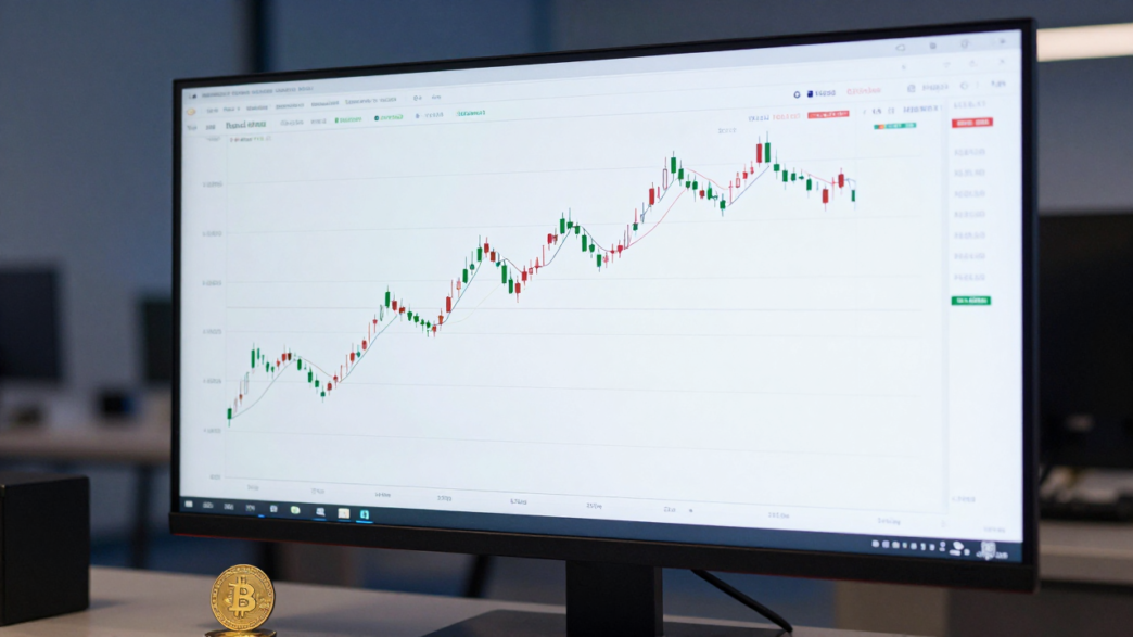 Bitcoin coin in front of a trading screen showing a consolidating price chart.