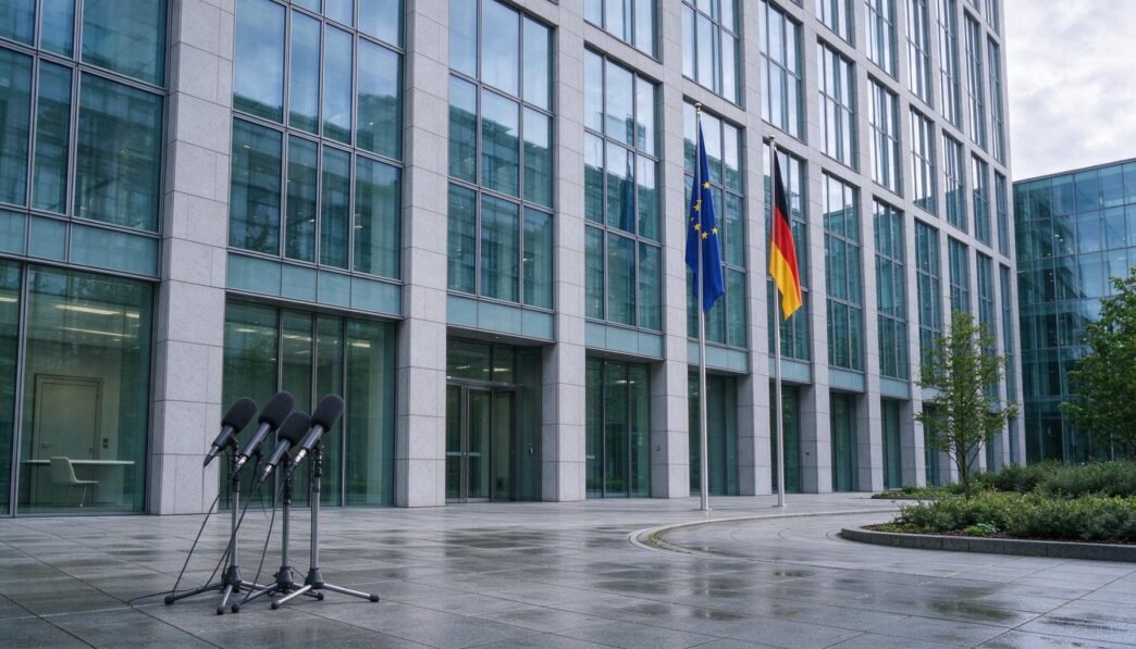 European central-bank building with flags outside its entrance.