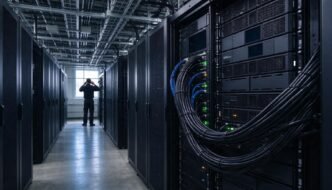 Rows of unbranded server racks and power infrastructure in a data center.