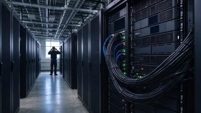 Rows of unbranded server racks and power infrastructure in a data center.