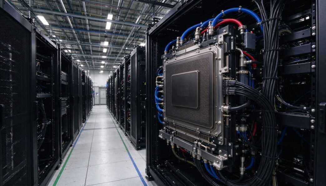 Unbranded AI computing system and power infrastructure in a data-center aisle.