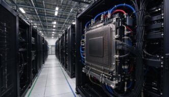 Unbranded AI computing system and power infrastructure in a data-center aisle.