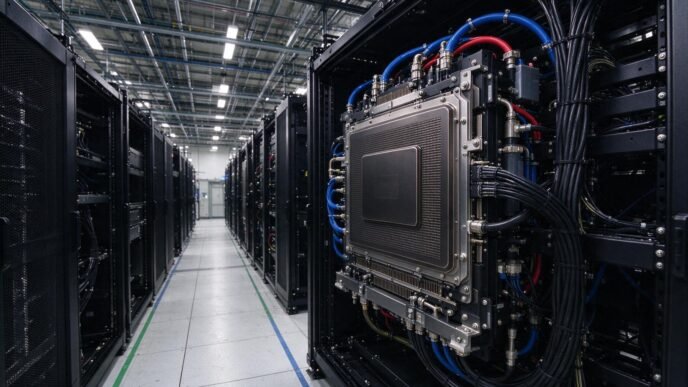 Unbranded AI computing system and power infrastructure in a data-center aisle.