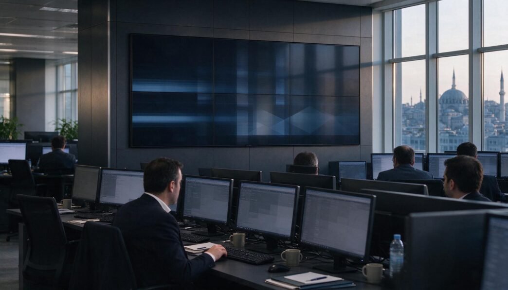 An Istanbul trading floor with workstations and market display screens near the end of a session.