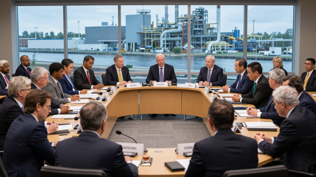 G20 trade ministers seated at a conference table during talks in Milwaukee.