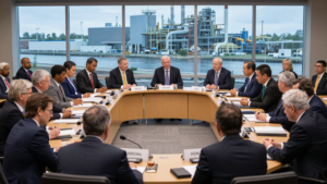 G20 trade ministers seated at a conference table during talks in Milwaukee.