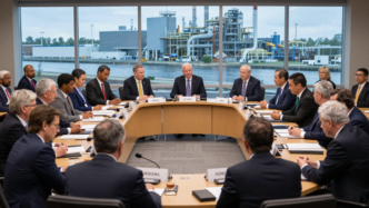 G20 trade ministers seated at a conference table during talks in Milwaukee.