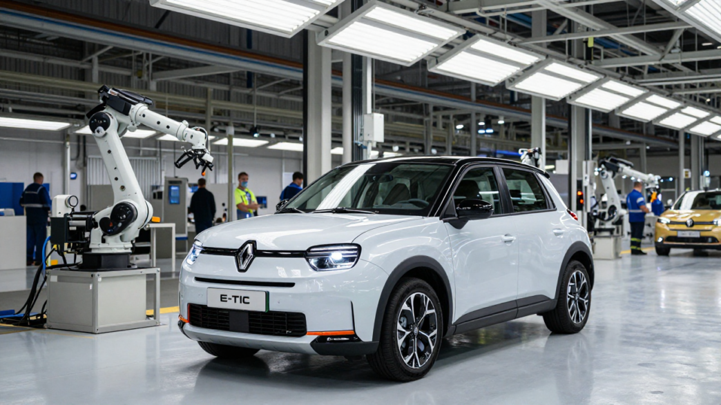 Renault 5 electric car on an automotive assembly line at a French factory.