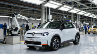 Renault 5 electric car on an automotive assembly line at a French factory.