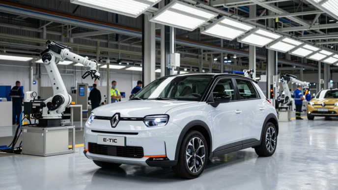 Renault 5 electric car on an automotive assembly line at a French factory.