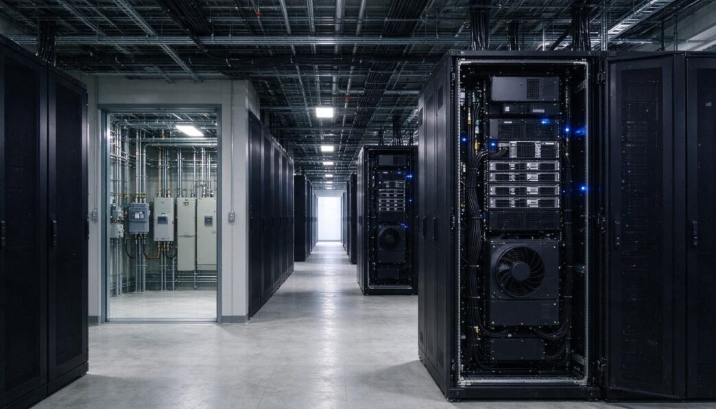 Unbranded server racks and cooling equipment inside a data center.