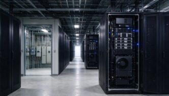 Unbranded server racks and cooling equipment inside a data center.
