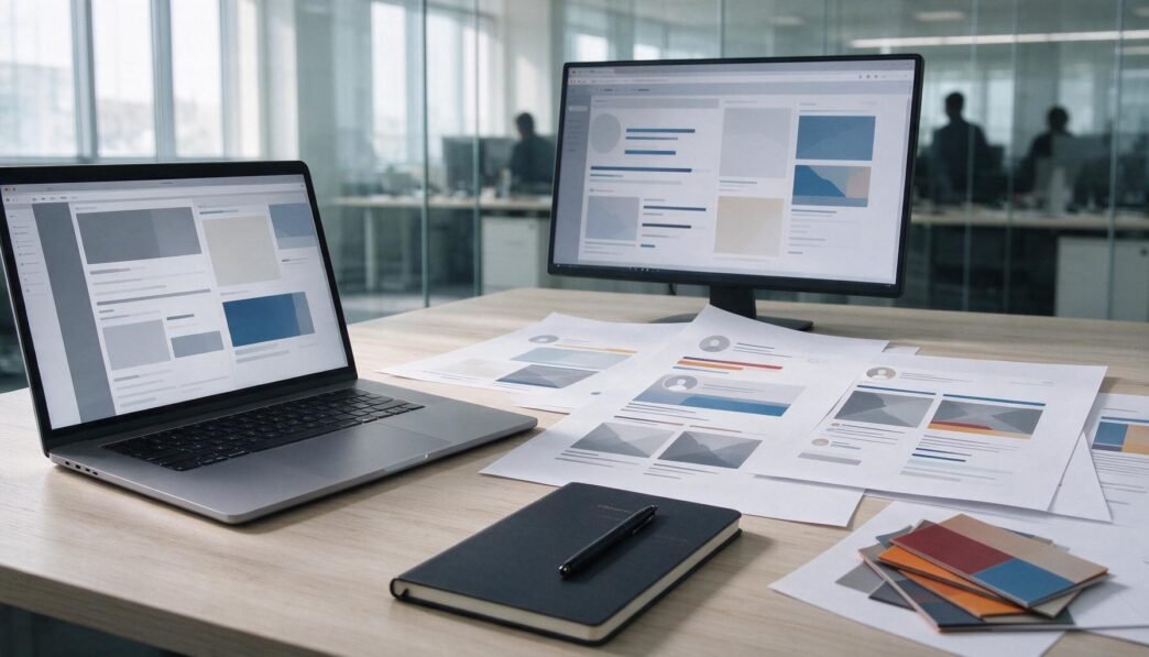 Agency desk with screens and printed materials used for reviewing digital advertising campaigns.