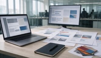 Agency desk with screens and printed materials used for reviewing digital advertising campaigns.