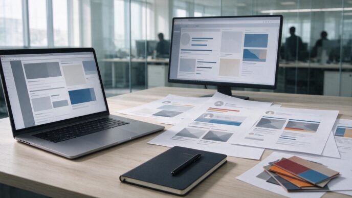 Agency desk with screens and printed materials used for reviewing digital advertising campaigns.