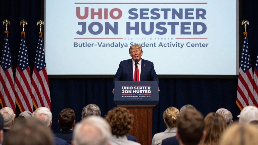 Donald Trump speaks at a campaign rally for Ohio Senator Jon Husted in Vandalia.