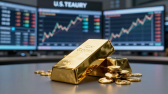 Gold bullion in front of blurred Treasury yield and dollar market screens.