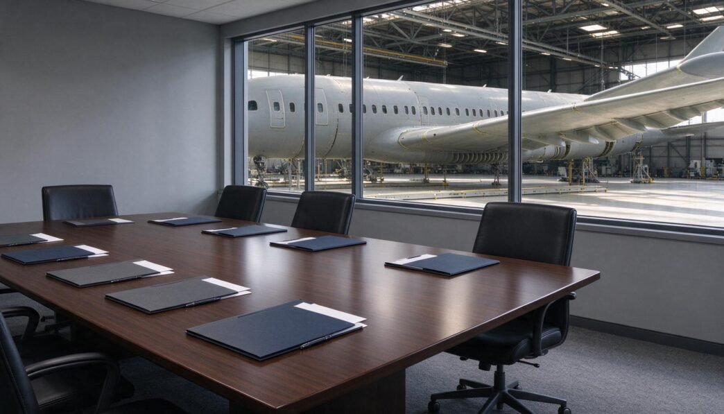 An empty boardroom overlooking a commercial aircraft assembly hangar.