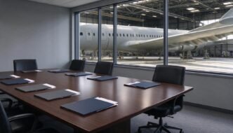 An empty boardroom overlooking a commercial aircraft assembly hangar.