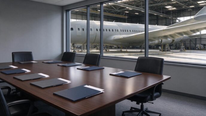 An empty boardroom overlooking a commercial aircraft assembly hangar.
