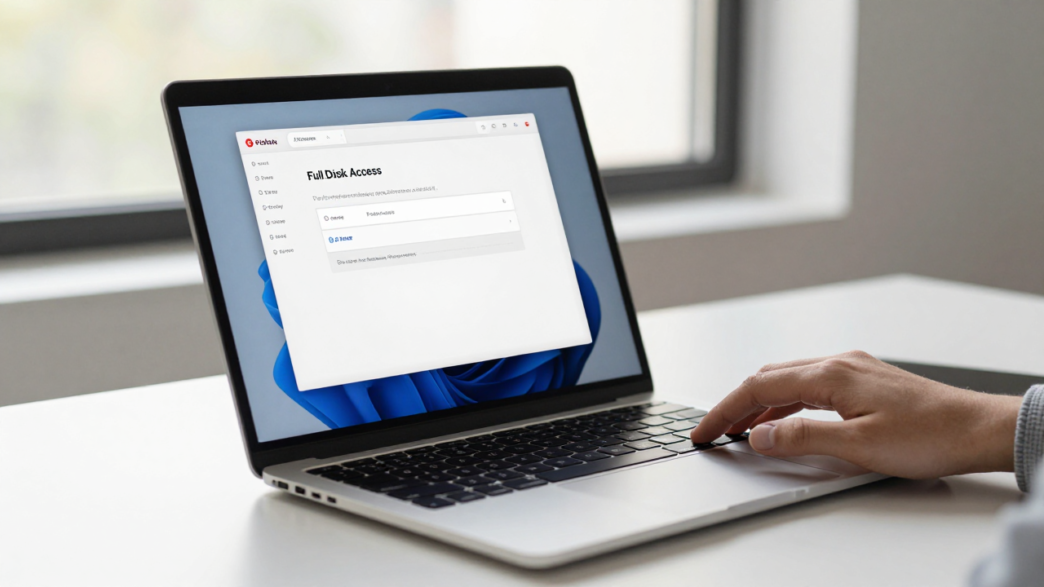 Mac laptop showing a Full Disk Access privacy setting beside an AI assistant window.