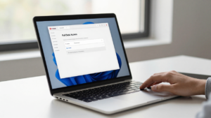 Mac laptop showing a Full Disk Access privacy setting beside an AI assistant window.