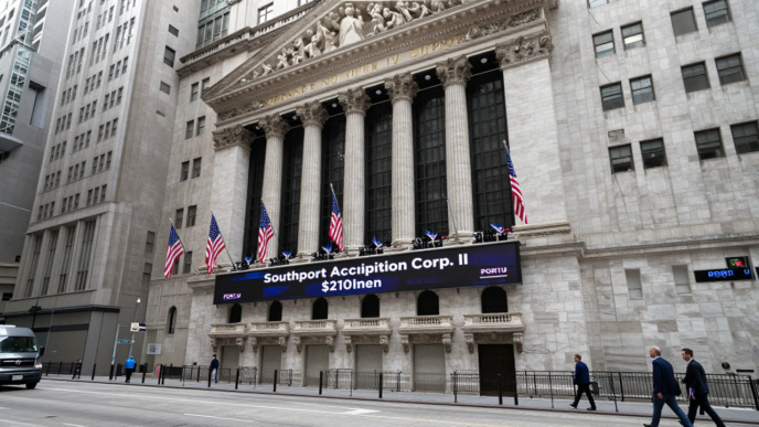 New York Stock Exchange exterior with market display for Southport Acquisition Corp. II.
