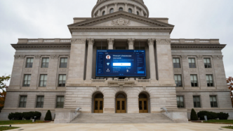 Federal courthouse exterior with a paused AI image-generation interface motif.