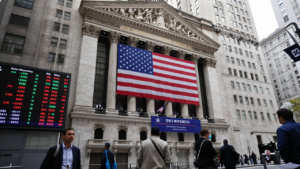Wall Street and the New York Stock Exchange amid shifting stock and Treasury markets.