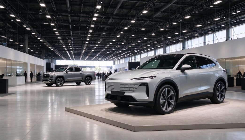 Unbranded electric SUV displayed inside a large automotive exhibition hall
