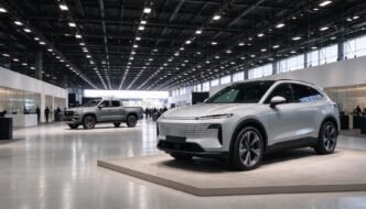 Unbranded electric SUV displayed inside a large automotive exhibition hall